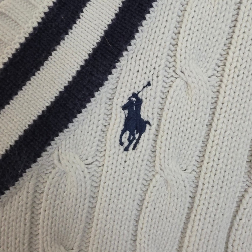 VTG Ralph Lauren Womens Cable Knit Cricket Sweater White Navy V-Neck READ 4 SIZE - Picture 5 of 8
